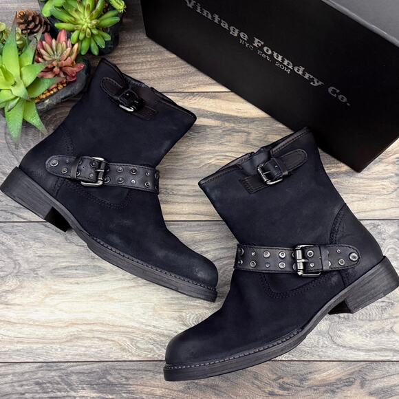 NIB Vintage Foundry Miriam 8 38.5 Black Suede Leather Moto Boots Booties - Picture 5 of 13